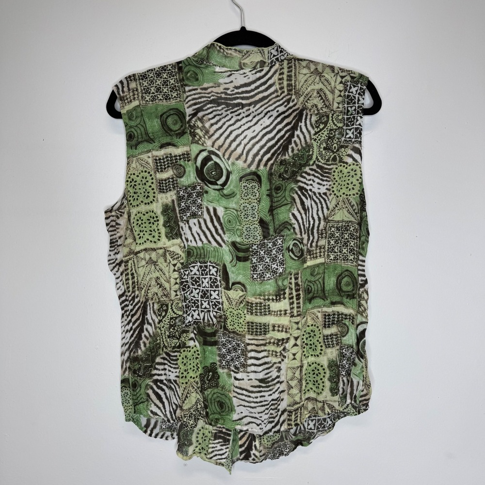Y2K Le Caviar Womens XL Green Mixed Abstract Zebra Print Ruffle V-Neck Top - Picture 2 of 6